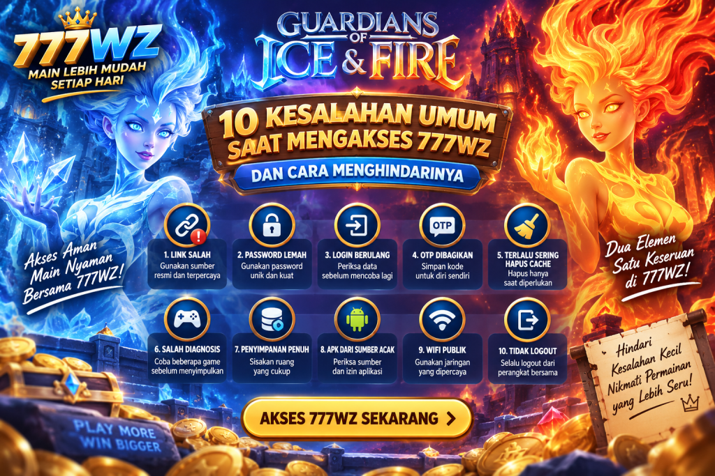 Ilustrasi Guardians of Ice & Fire untuk panduan 10 kesalahan umum saat mengakses 777WZ dan cara menghindarinya dengan aman.